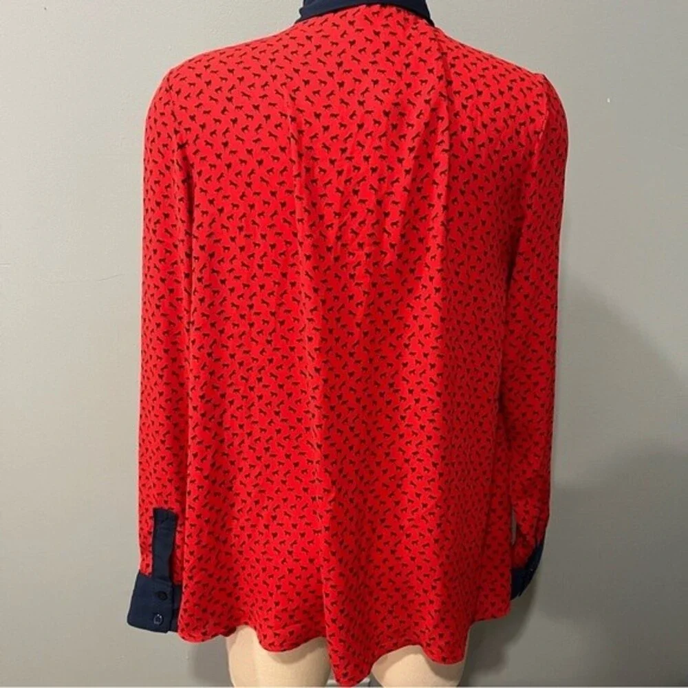 Free People Red & Blue Tiny Horse Print Oversize Top Blouse Size Small